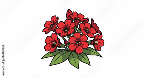 A vibrant cluster of red blossoms with green leaves, depicted in a simple, graphic style