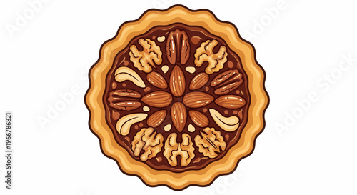 A top-down view of a whole, round nut-filled tart on a white background