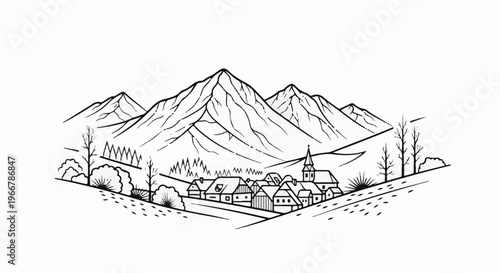 A stylized village nestled below majestic mountain peaks