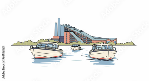 Three boats sail on water with a unique modern building in the background