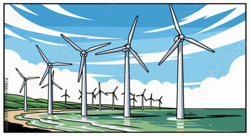 Coastal wind turbines harness power under a vast, cloudy blue sky