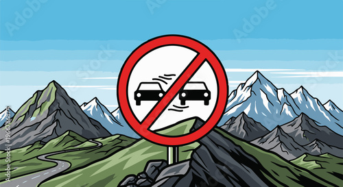 Sign prohibits overtaking on winding mountain road past snow-capped peaks