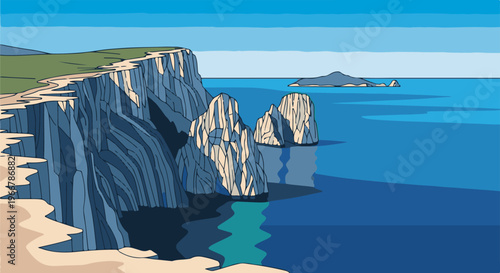 Coastal cliffs rise above a tranquil blue sea, with islands in the distance