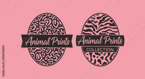 Two oval logos with animal prints and text on a pink background