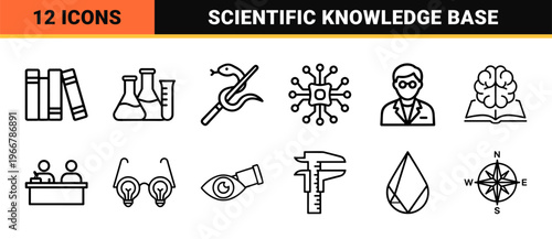 minimalist monoline geometric line art for academic research and laboratory science, featuring clean black-and-white educational symbols.