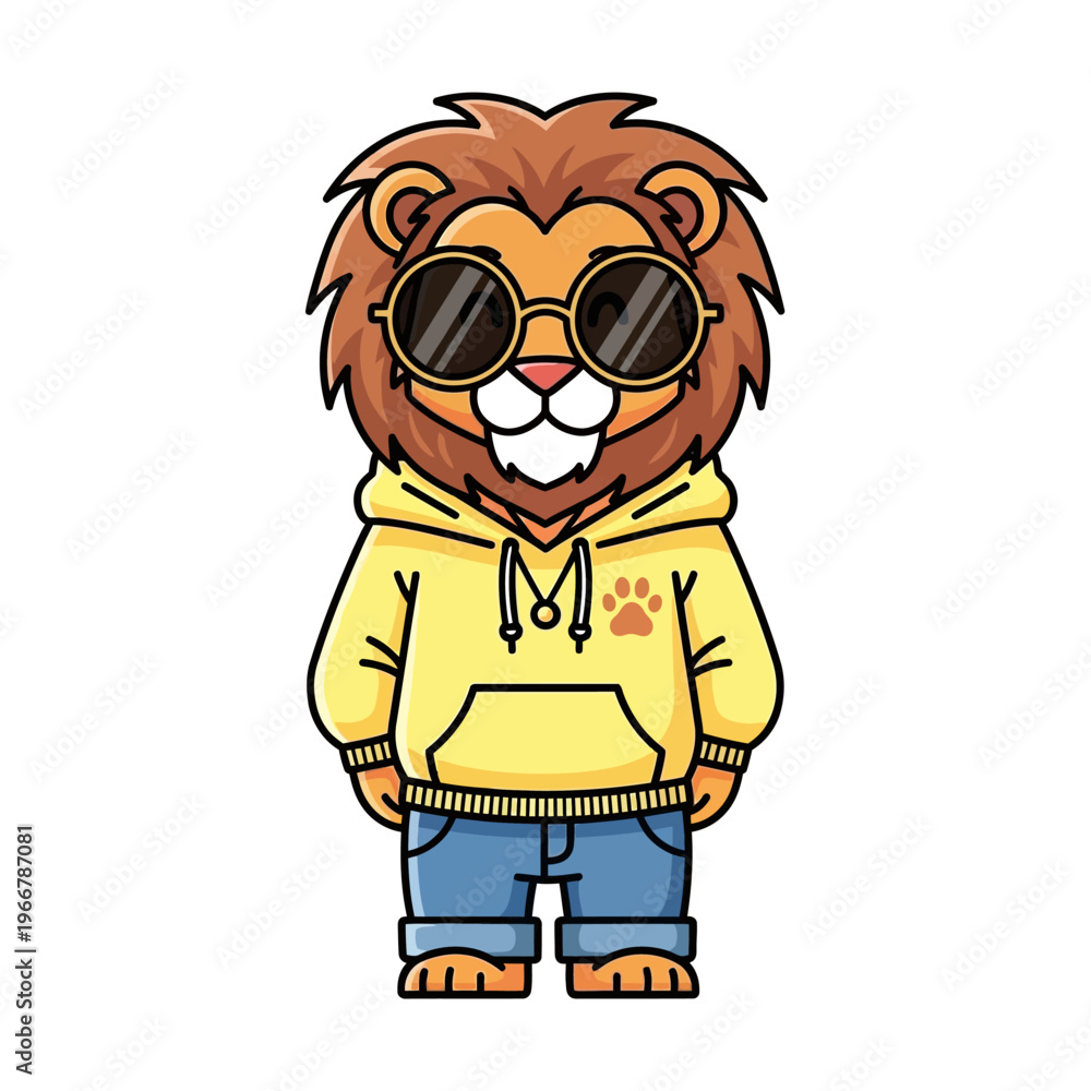 Fototapeta premium Cool Cartoon Lion Wearing Sunglasses and Yellow Hoodie, Standing Confidently