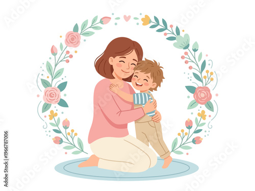 Heartwarming illustration of a happy mother embracing her smiling child, framed by a floral wreath, symbolizing family love.