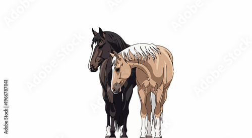 Two horses, one dark and one light-colored, stand close together