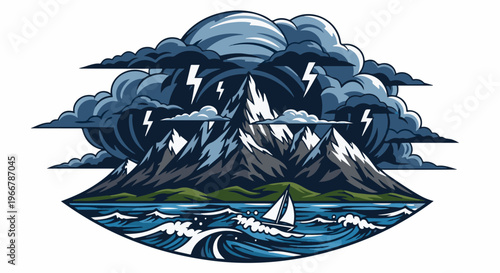 Stormy skies loom over jagged peaks, a lone sailboat navigates rough seas
