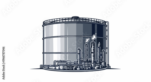 A large industrial storage tank with complex piping and smoking stacks