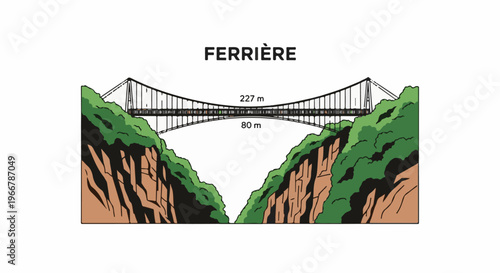 A large suspension bridge spans a deep gorge with lush green slopes