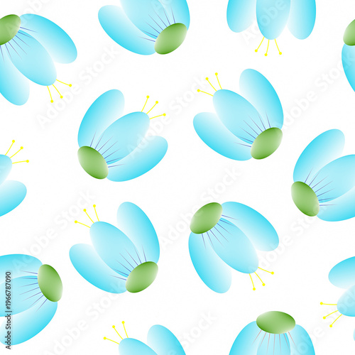 Seamless floral pattern with soft blue abstract flowers and green accents on white background. Clean and modern decorative design suitable for textiles and backgrounds.
