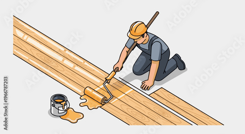 Worker applying varnish to wooden planks with a roller and paint can