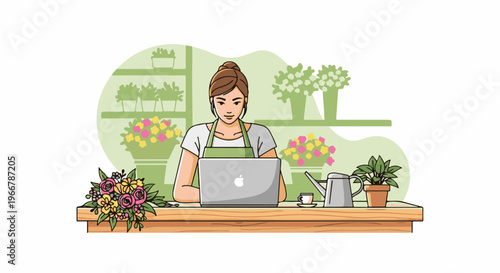 Woman florist working on a laptop at her shop counter