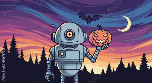 A pixel art robot holding a jack-o'-lantern under a twilight sky