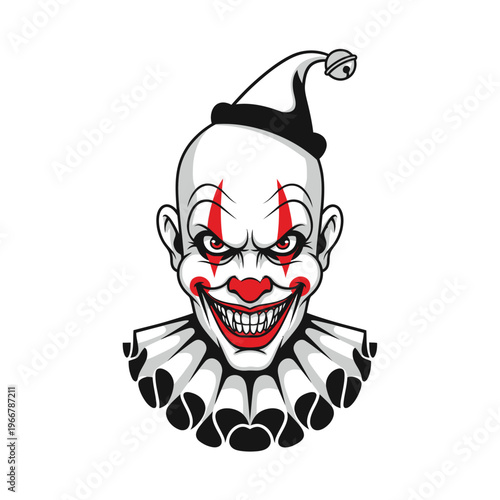Scary Clown Face with Red Eyes and Grinning Mouth - Horror Character Art