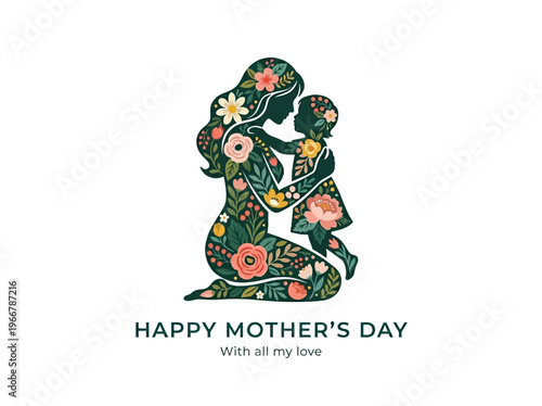 Mother's Day greeting card design: a stylish floral silhouette of a loving mother and child embrace, celebrating maternal bonds.