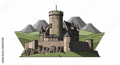A fortified stone castle with multiple towers sits atop a rocky outcrop