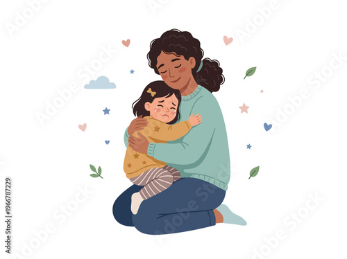 Illustration: Mother tenderly comforts her crying child with an embrace, symbolizing warmth, parental love, and emotional support.
