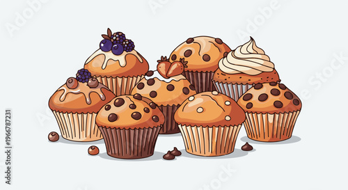 A delicious assortment of muffins with toppings like berries and chocolate chips