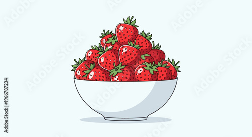 A pile of ripe red strawberries overflowing from a simple white bowl
