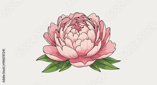 A detailed pixel art illustration of a soft pink peony with green leaves