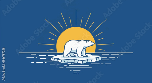 A polar bear stands on a small ice floe, with a stylized sun rising behind it