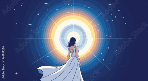Woman in flowing white gown gazes towards a radiant, concentric cosmic light source