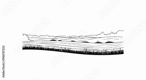 Stylized black and white sketch of rolling hills with foreground grass