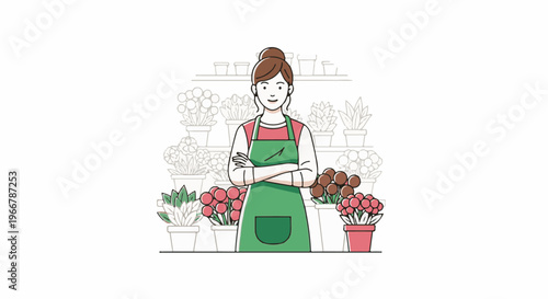 Florist woman with arms crossed in front of shelves of potted plants