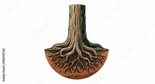Exposed tree trunk and intricate root system in soil cross-section