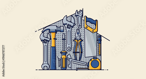A house shape formed by various tools on a pegboard