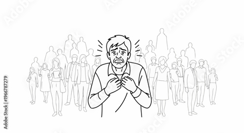 A man in distress, hands clasped to his chest, surrounded by an indistinct crowd