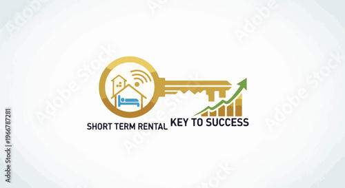 Golden key graphic with houses, wifi, bed, and growth chart