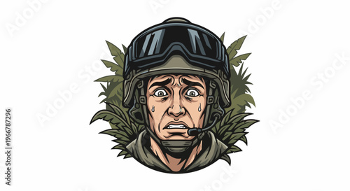 A frightened soldier in helmet with goggles and headset, surrounded by leaves