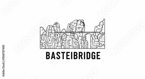 A black and white line drawing of a bridge spanning across rocky cliffs