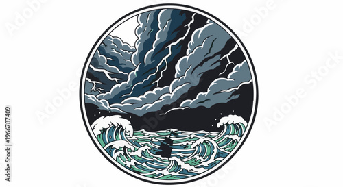 Stylized stormy sea with dark clouds and lightning over a tiny silhouette