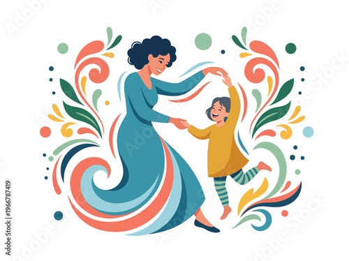Joyful mother and child dancing playfully, holding hands amidst vibrant, flowing decorative elements in a whimsical vector illustration.