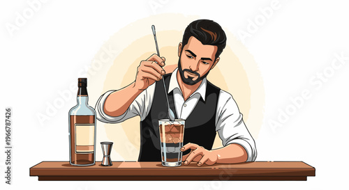 Man prepares drink at bar mixing ice in a tall glass with a spoon