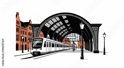 Modern train at a grand, historic train station with arched roof