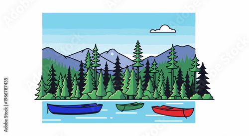 Three colorful kayaks float on a lake before a pine forest and mountains
