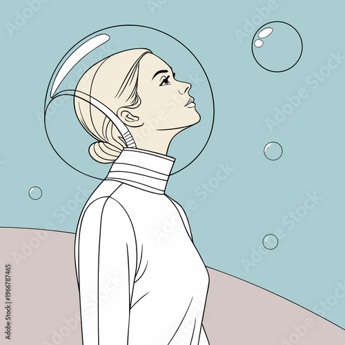 Girl surrounded by soap bubbles in a playful bubble bath illustration