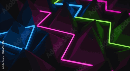 Neon zig-zag lines form abstract geometric shapes with dark background