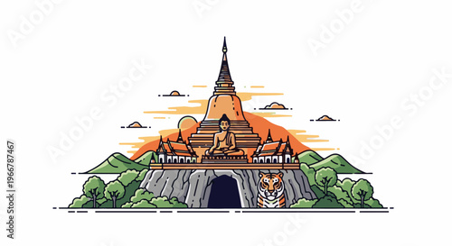 Ornate temple on rocky outcrop with tiger and mountain vista