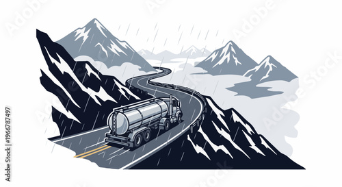 Truck navigates winding mountain road during a rain shower