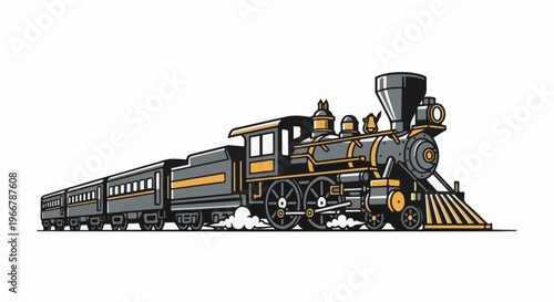 Vintage steam locomotive with multiple passenger cars, exuding historical charm