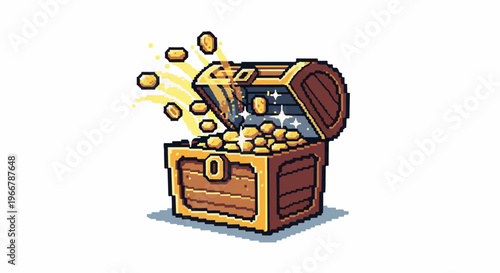 Pixelated treasure chest overflowing with shiny gold coins and sparkling effects