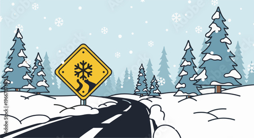 Winter road sign warns of icy conditions amidst falling snow and snow-covered trees