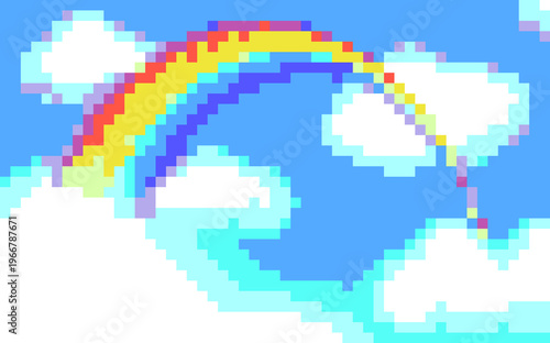 Pixel art Rainbow on a blue sky background with clouds