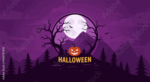 Spooky full moon, silhouette trees, and a carved pumpkin on Halloween night